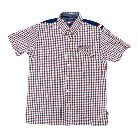 Tommy Jeans Mens Short Sleeve Button-Down Shirt Red & Blue Plaid Size L Vintage - Picture 1 of 5